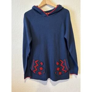 Modcloth Women's Hooded Holiday Sweater Navy Blue Red Mitten Pockets Xmas Size L